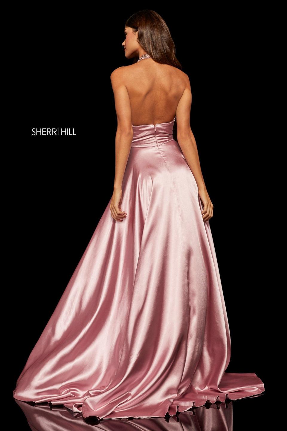 Sherri Hill Satin High-neck Halter Top Gown With Jewel Encrusted Neckline And Skirt Slit