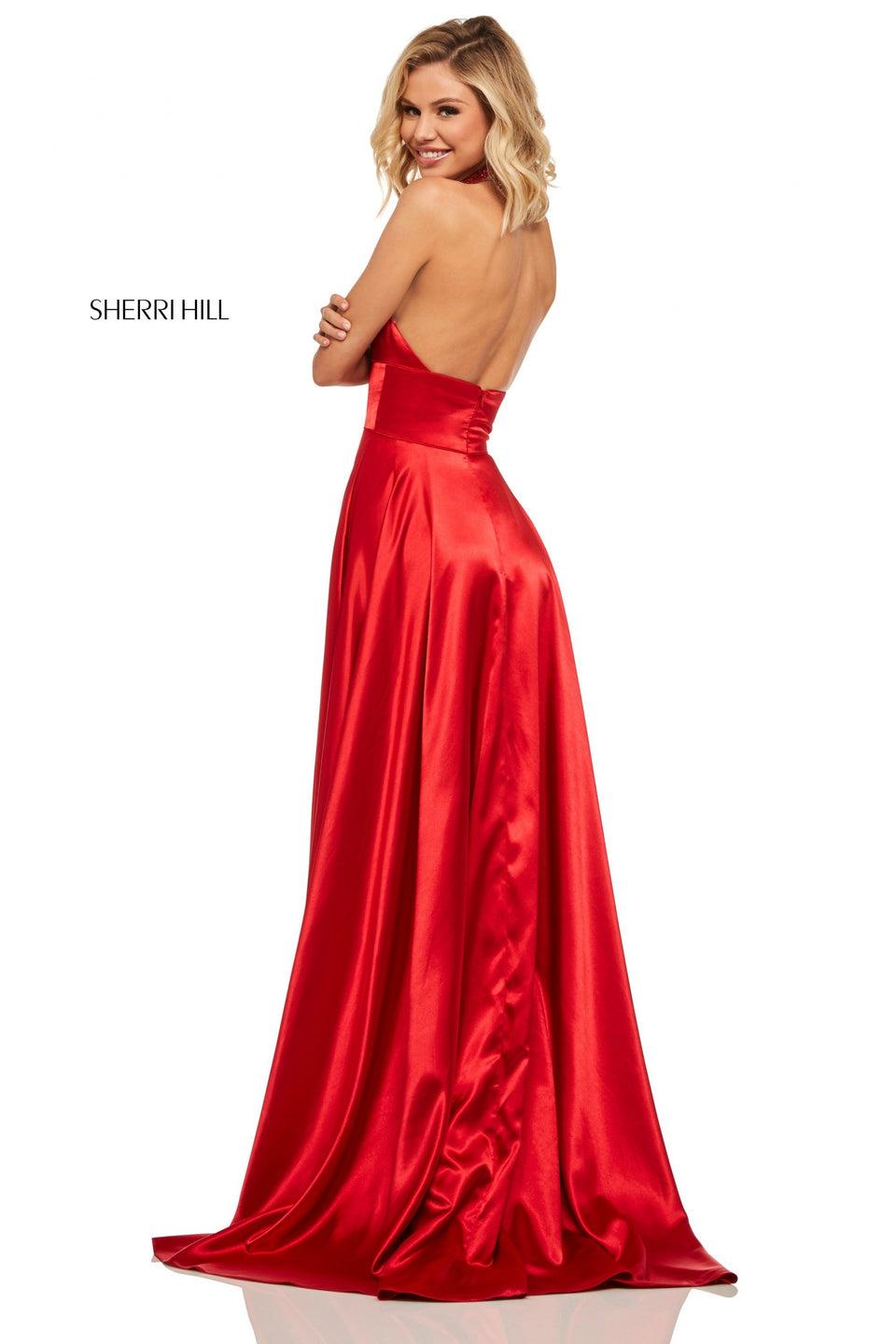 Sherri Hill Satin High-neck Halter Top Gown With Jewel Encrusted Neckline And Skirt Slit