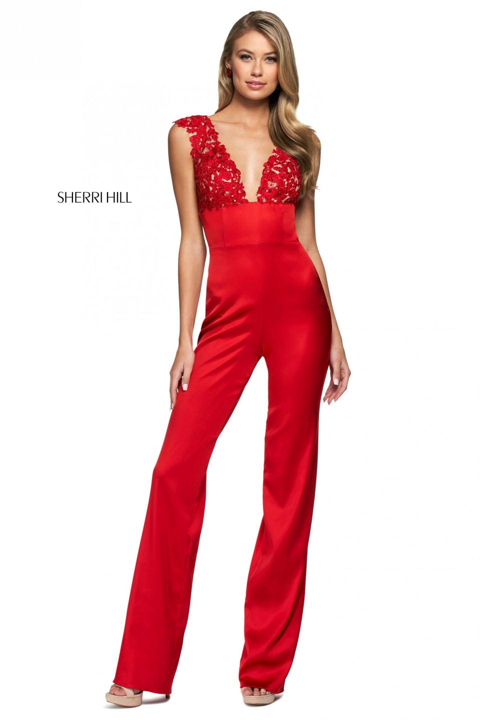 sherri hill Satin jumpsuit with an empire waist lace bodice with plunging neckline open lace up back and ruched lower back