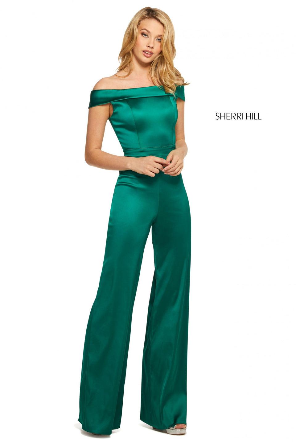 sherri hill Satin jumpsuit with off-the-shoulder neckline