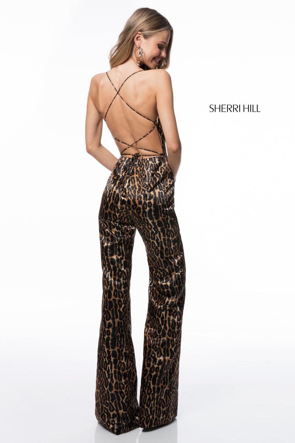 Sherri Hill Satin Leopard Print Criss Cross Back Jumpsuit