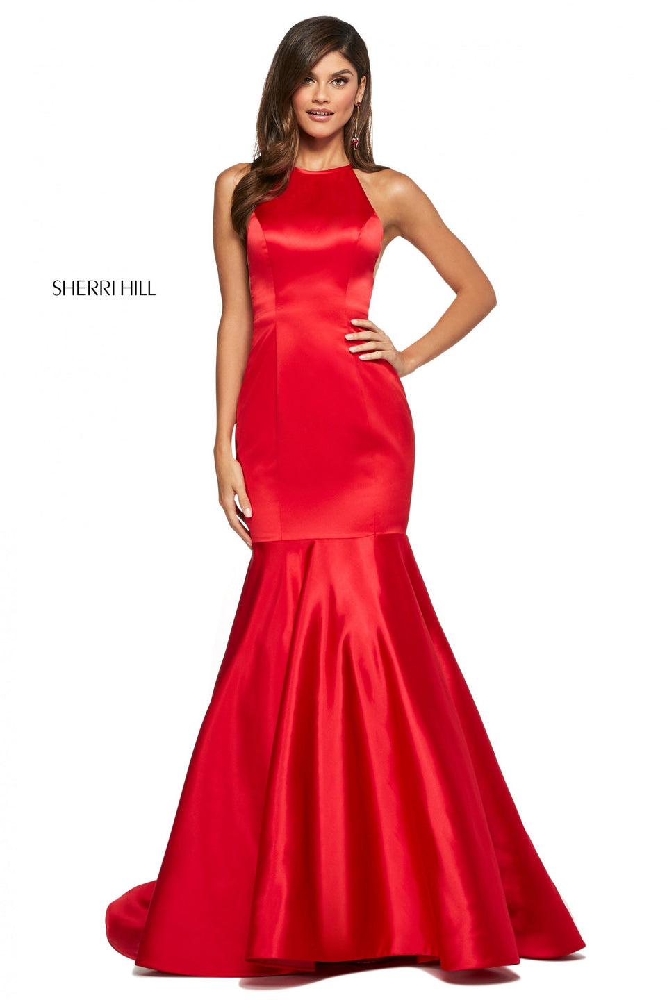 Sherri Hill Satin Mermaid Dress With High Cut Halter Style Neckline