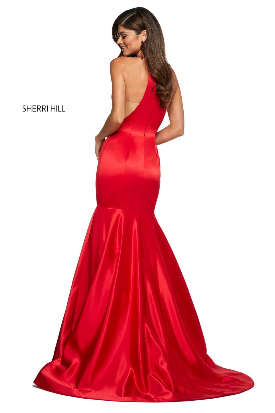 Sherri Hill Satin Mermaid Dress With High Cut Halter Style Neckline