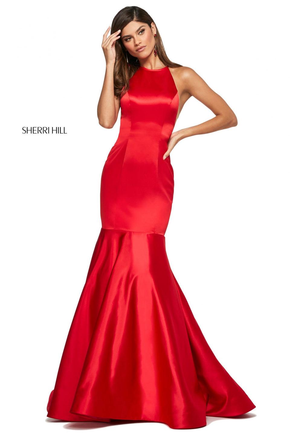 sherri hill Satin mermaid dress with high cut halter style neckline