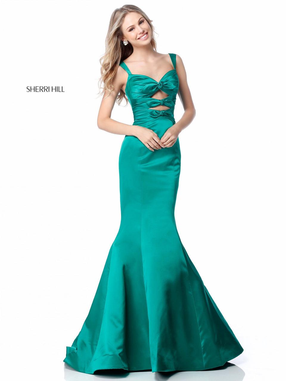Sherri Hill Satin Mermaid Gown With Cut Outs And Bows On Bodice