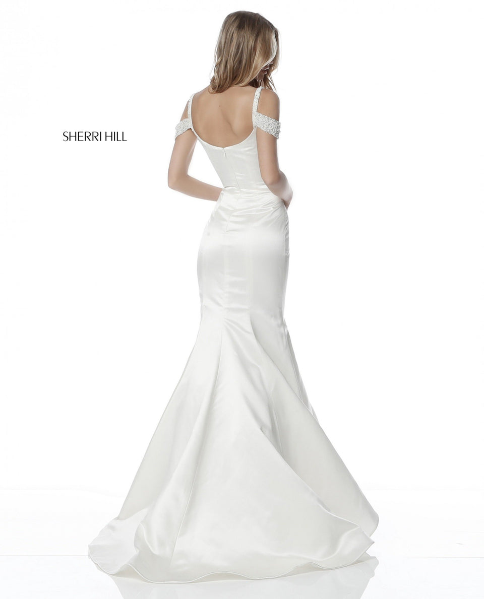 Sherri Hill Satin Mermaid Gown With Sweetheart Bodice And Beaded Off-the-shoulder Straps