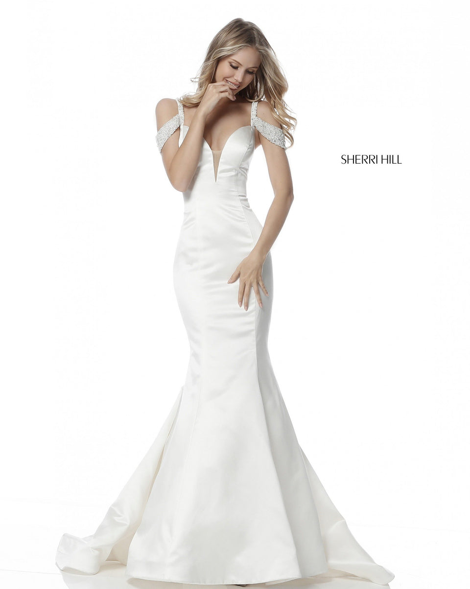 Sherri Hill Satin Mermaid Gown With Sweetheart Bodice And Beaded Off-the-shoulder Straps