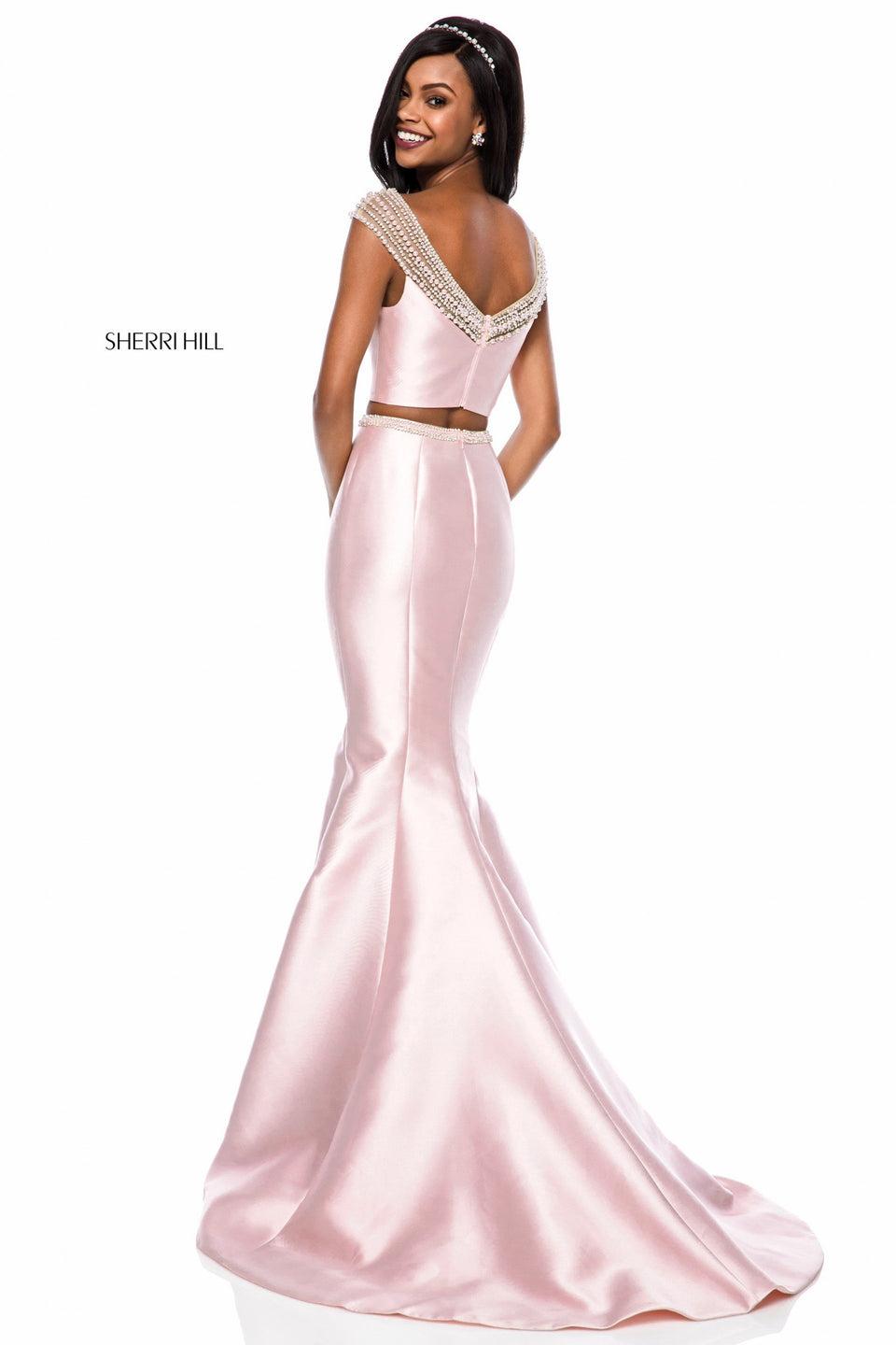 Sherri Hill Satin Mermaid Two Piece With Bead And Pearl Encrusted Neckline
