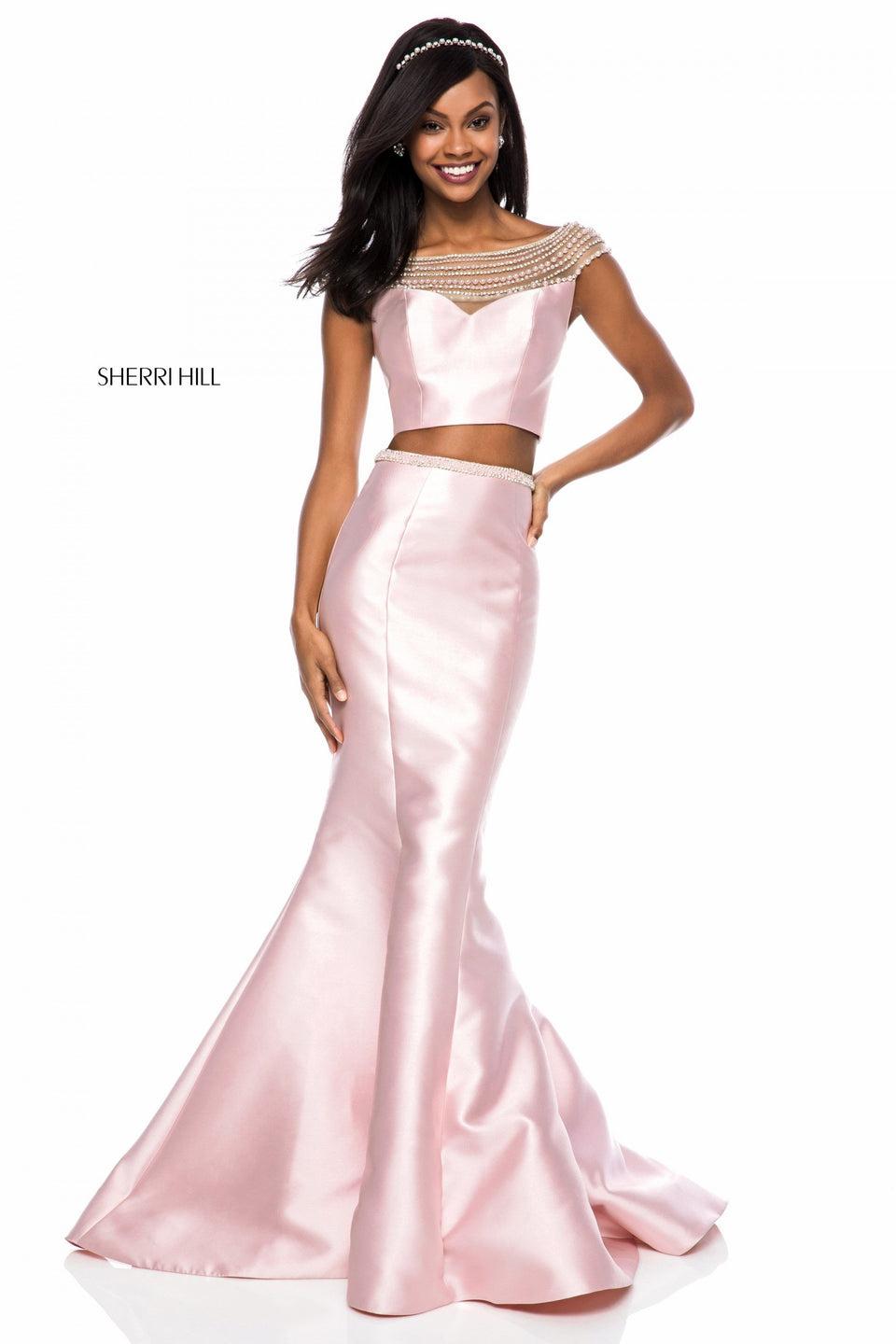 sherri hill Satin mermaid two piece with bead and pearl encrusted neckline