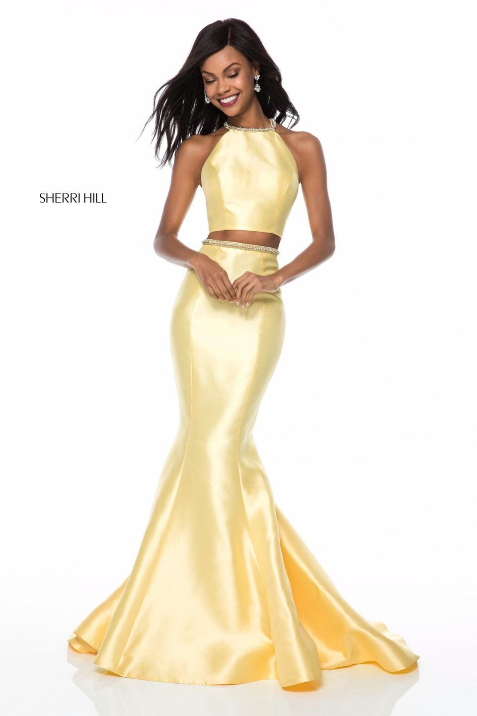 sherri hill Satin mermaid two piece with bead encrusted neck and belt