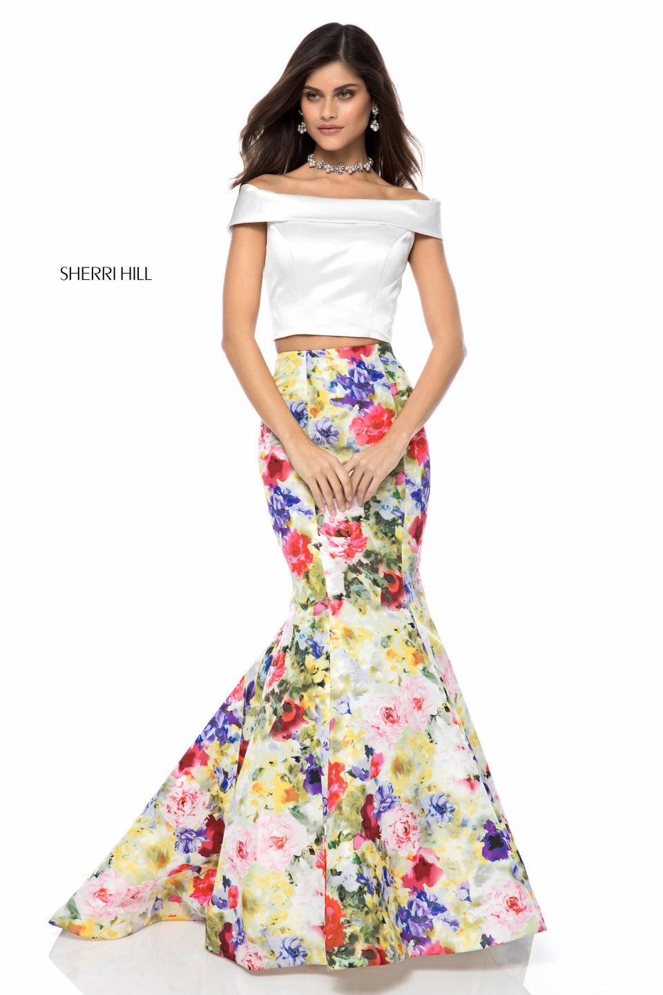 Sherri Hill Satin Mermaid Two Piece With Floral Skirt And Off Shoulder Bodice With A Cut Out And Bow In The Back