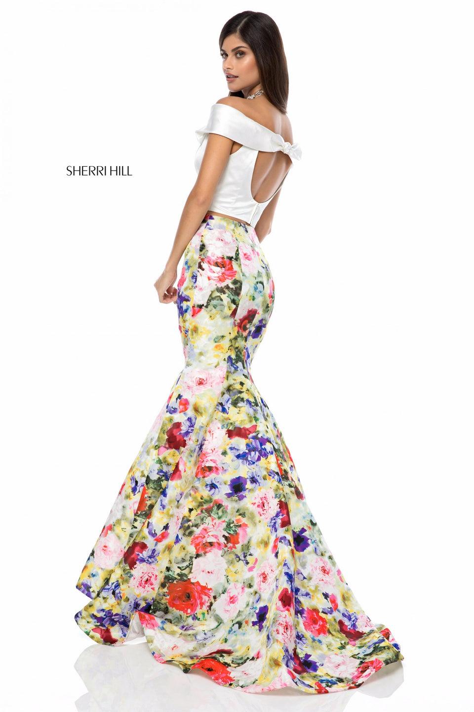 Sherri Hill Satin Mermaid Two Piece With Floral Skirt And Off Shoulder Bodice With A Cut Out And Bow In The Back