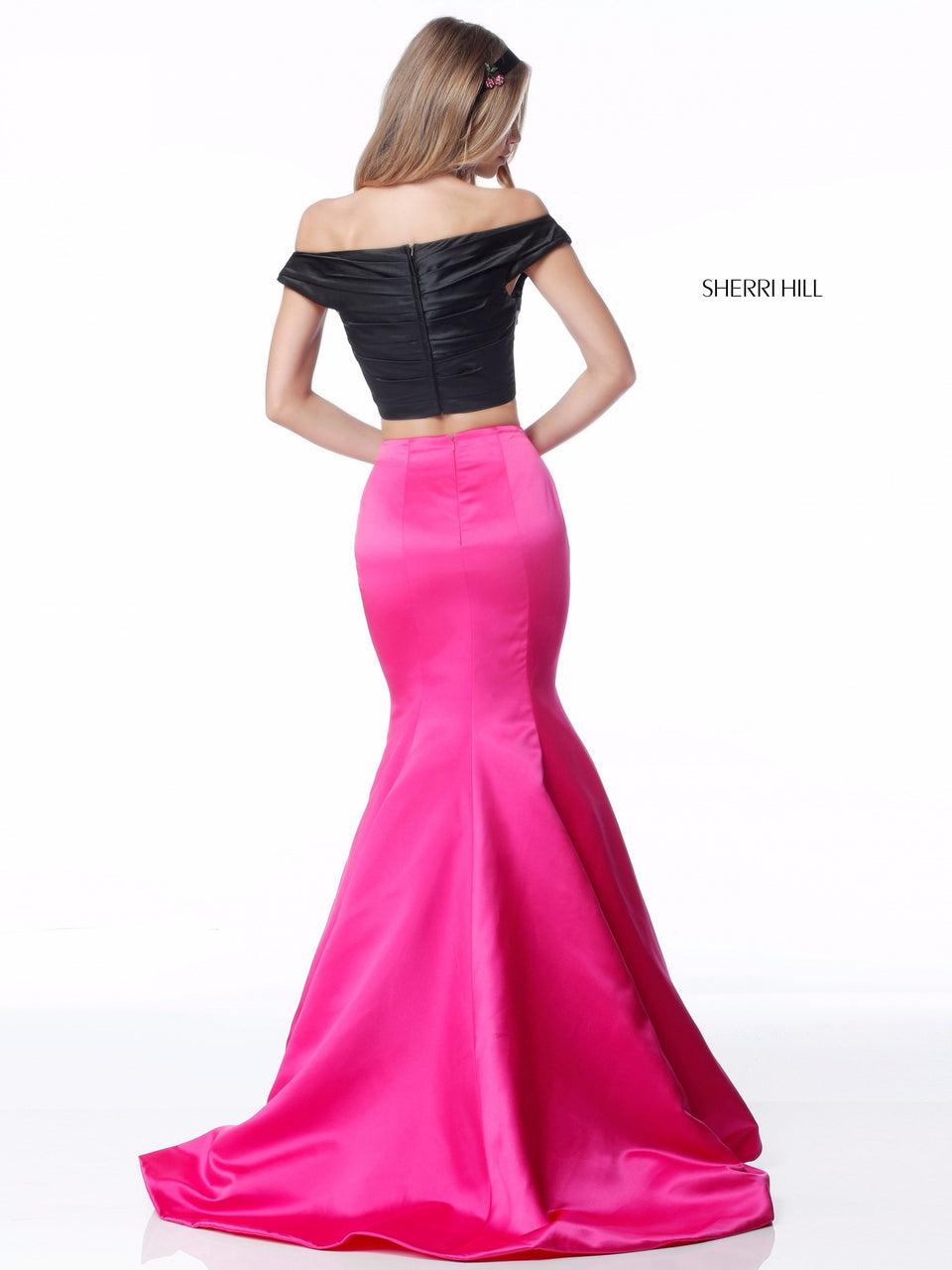 Sherri Hill Satin Mermaid Two Piece With Front Cross Bodice And Cherry Detail On Choker Or Headband