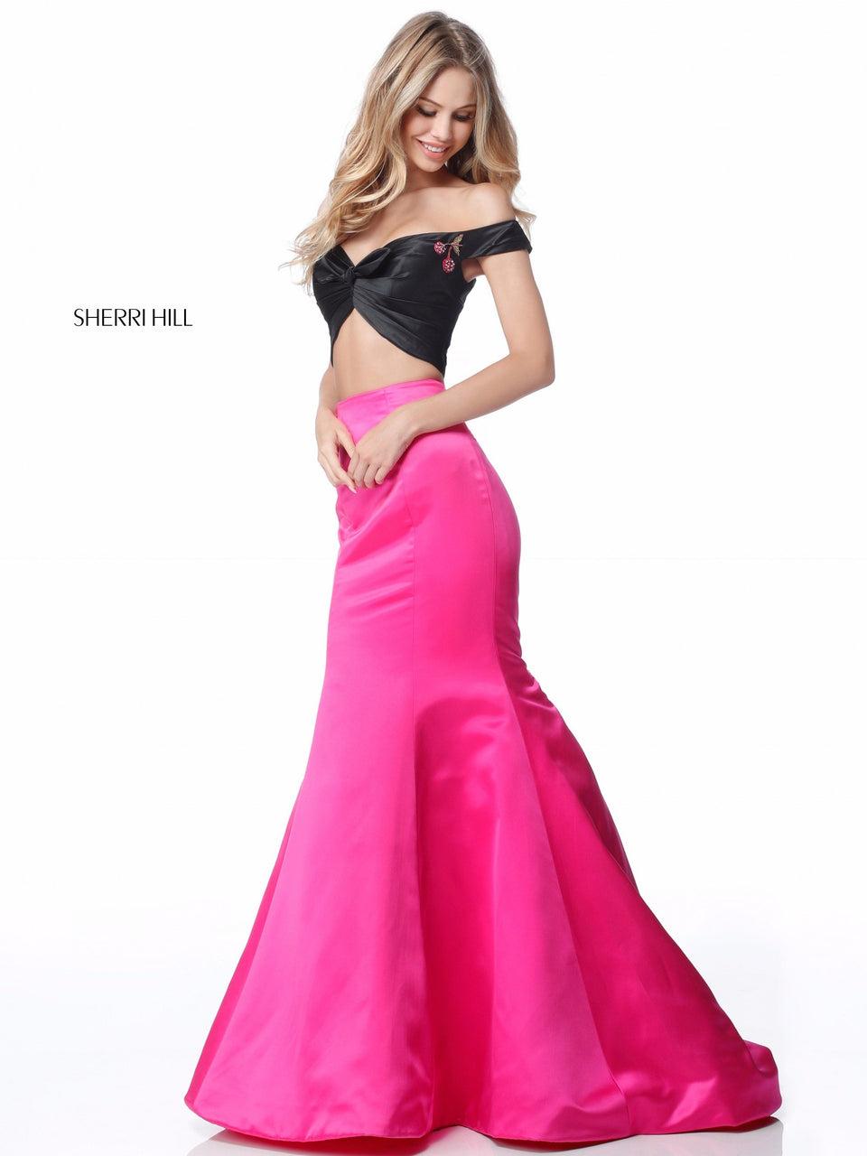sherri hill Satin mermaid two piece with front cross bodice and cherry detail on choker or headband