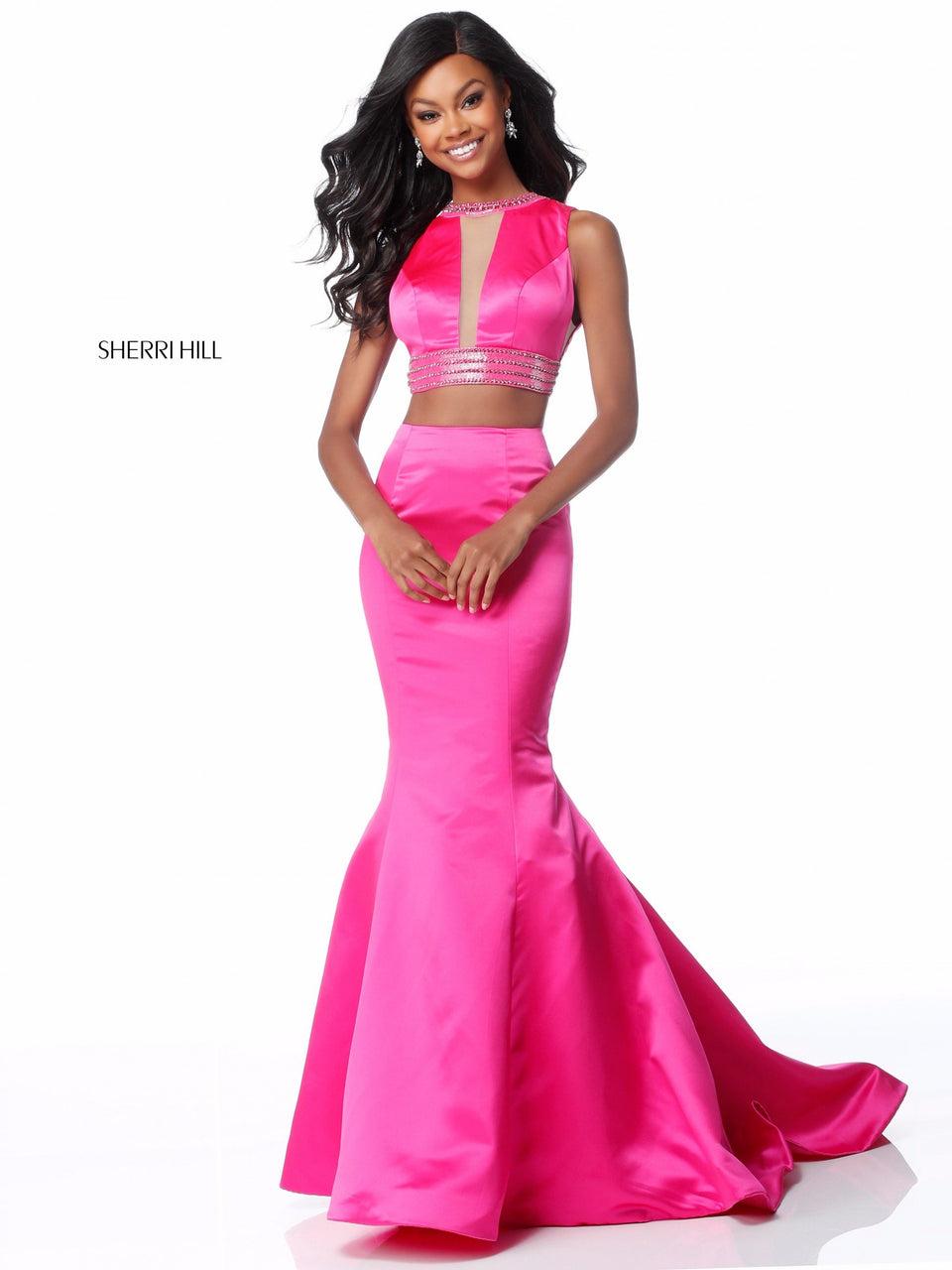 sherri hill Satin mermaid two piece with front cut out bodice and bead encrusted neckline and belt
