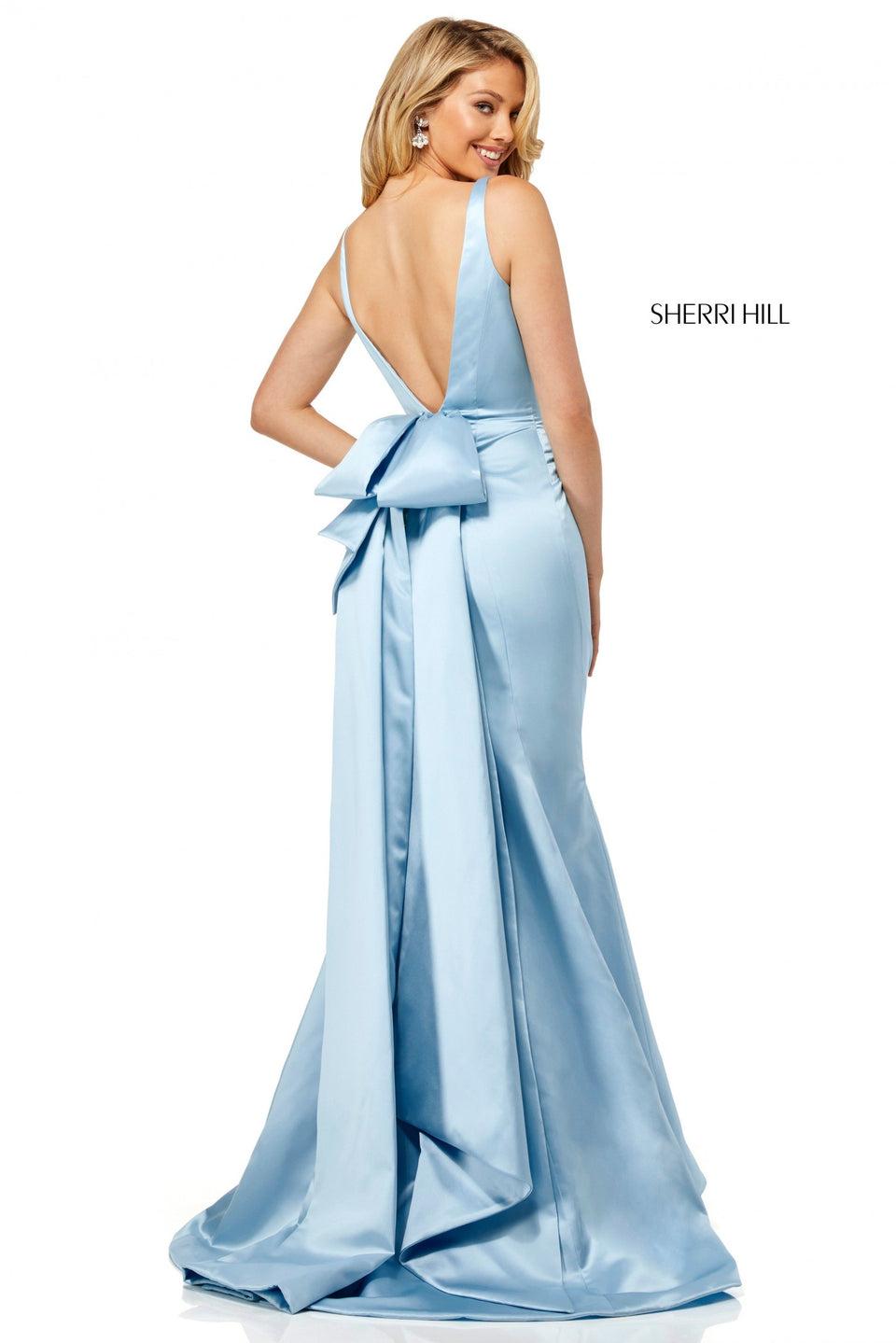 sherri hill Satin mermaid with a V-neck bodice and a bow in the back