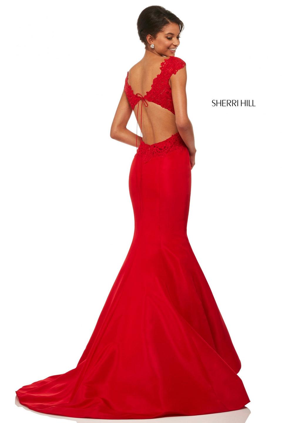 Sherri Hill Satin Mermaid With Open-back And Lace Panelling At Waist And Neckline
