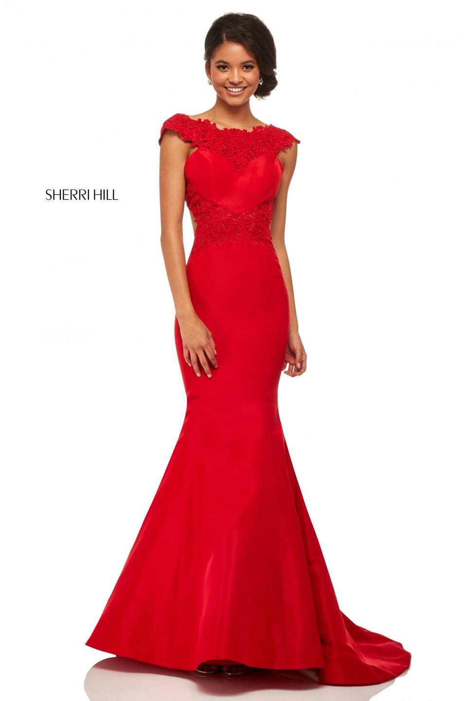 sherri hill Satin mermaid with open-back and lace panelling at waist and neckline