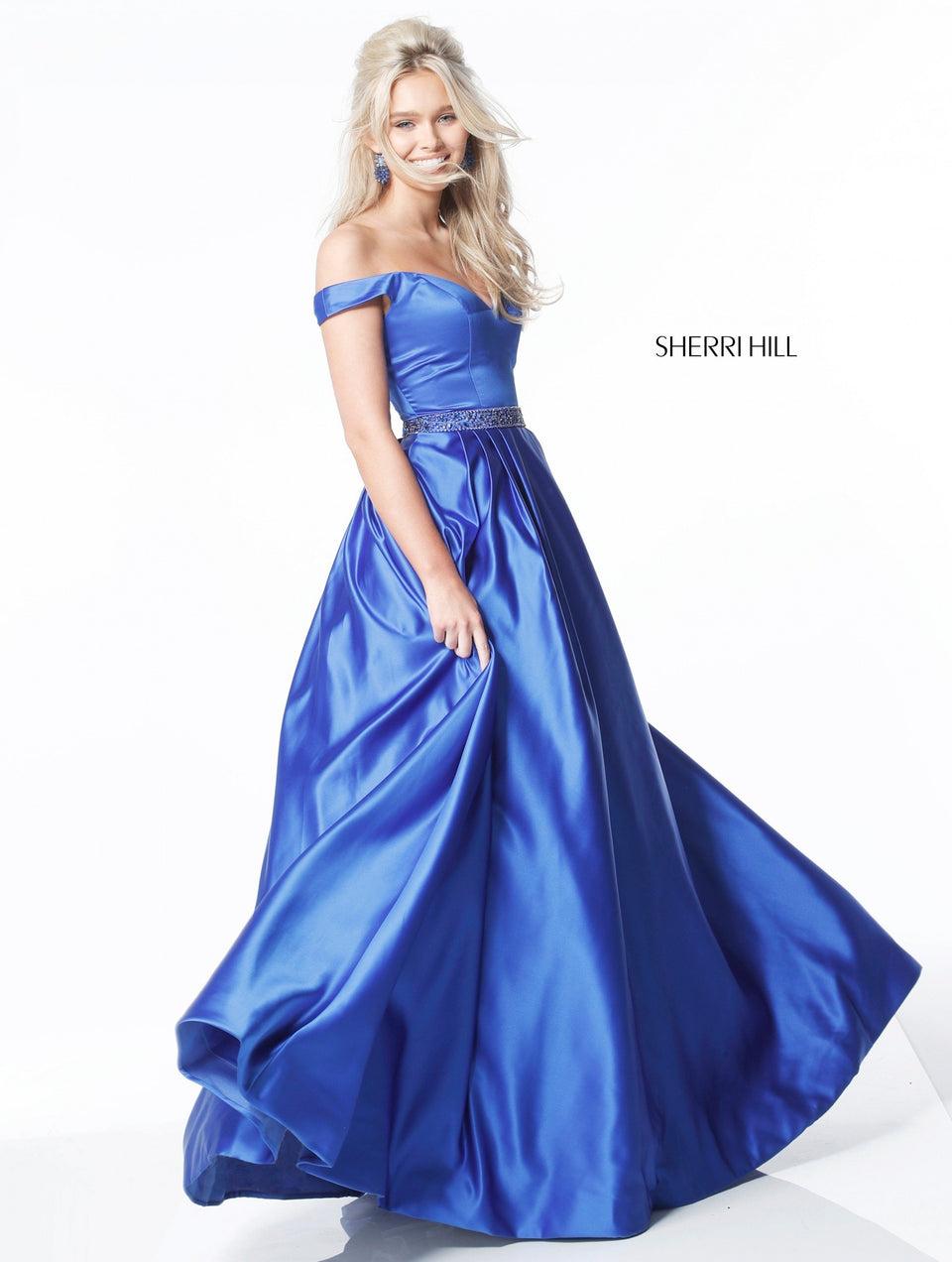 Sherri Hill Satin Off-the-shoulder Ball Gown With Beaded Belt