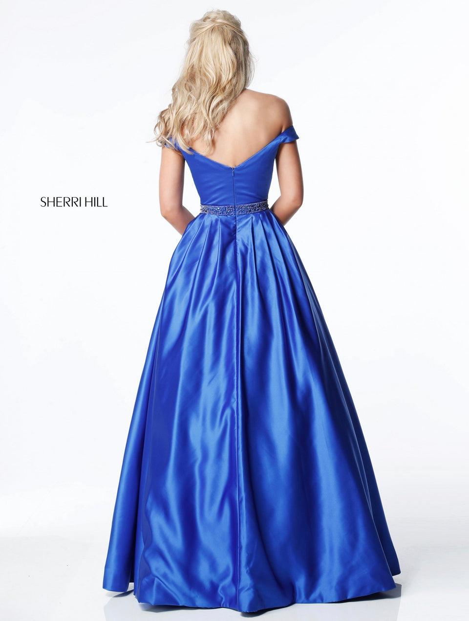 Sherri Hill Satin Off-the-shoulder Ball Gown With Beaded Belt