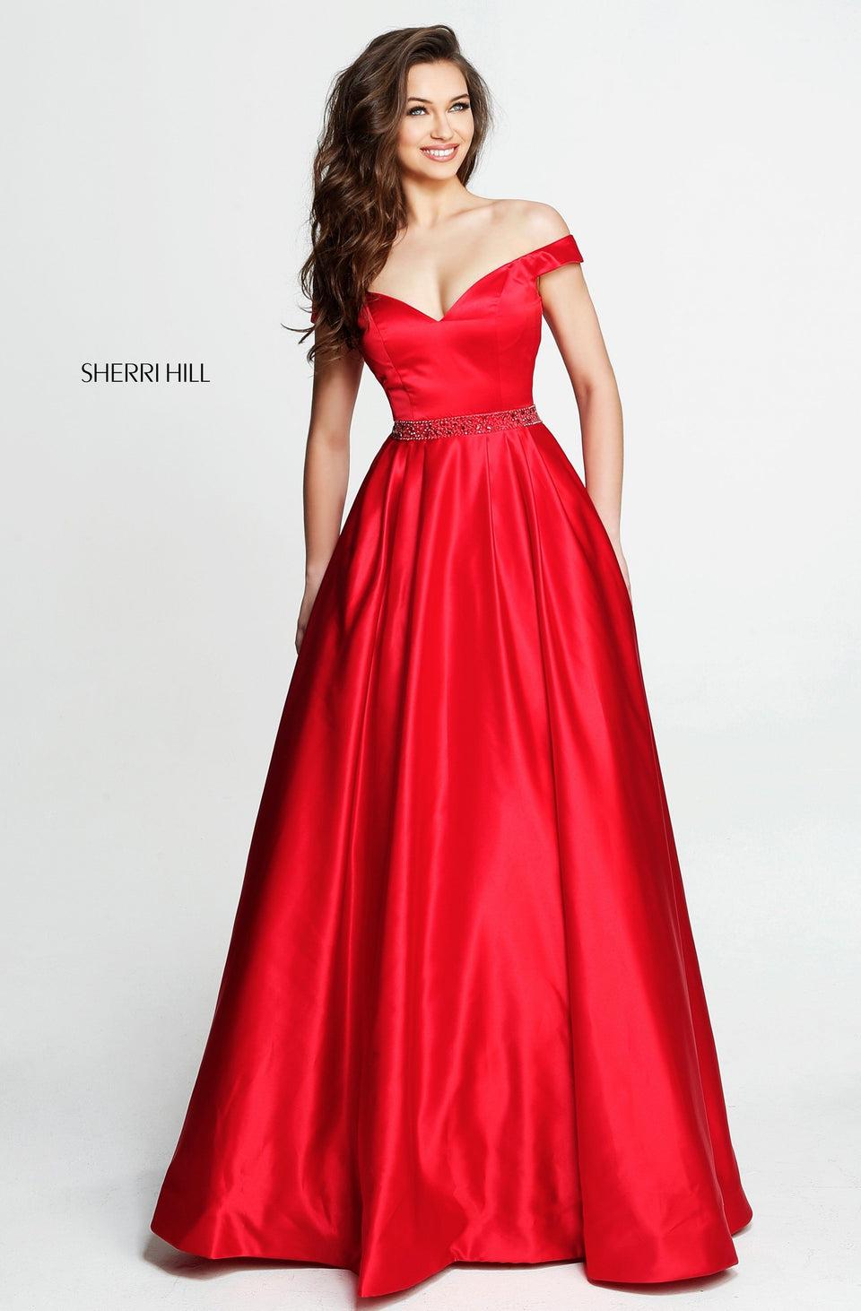 Sherri Hill Satin Off-the-shoulder Ball Gown With Beaded Belt