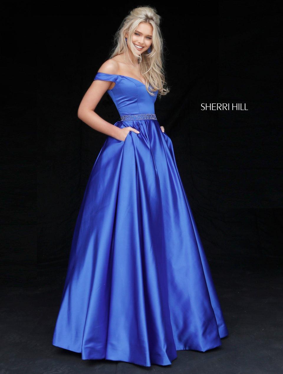 sherri hill Satin off-the-shoulder ball gown with beaded belt