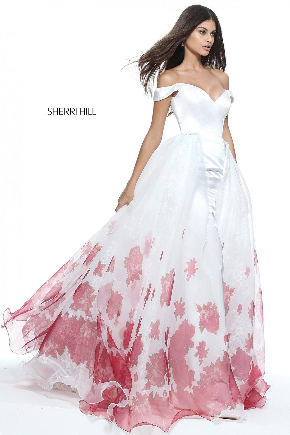 Sherri Hill Satin Off-the-shoulder Column Gown With An Organza Floral Border Print Over Skirt