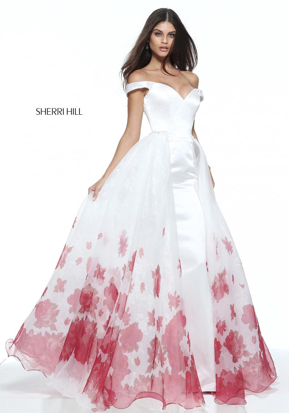 sherri hill Satin off-the-shoulder column gown with an organza floral border print over skirt