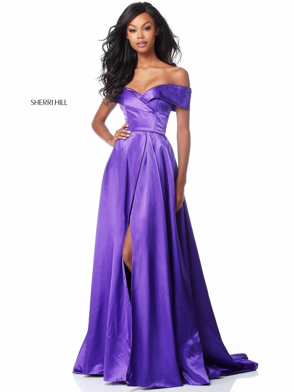 Sherri Hill Satin Off-the-shoulder Gown With Sweetheart Bodice And Slit Skirt