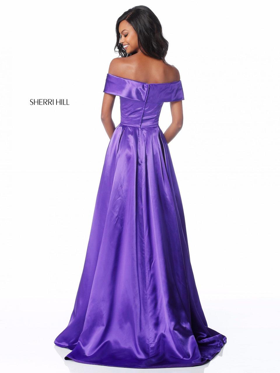 Sherri Hill Satin Off-the-shoulder Gown With Sweetheart Bodice And Slit Skirt