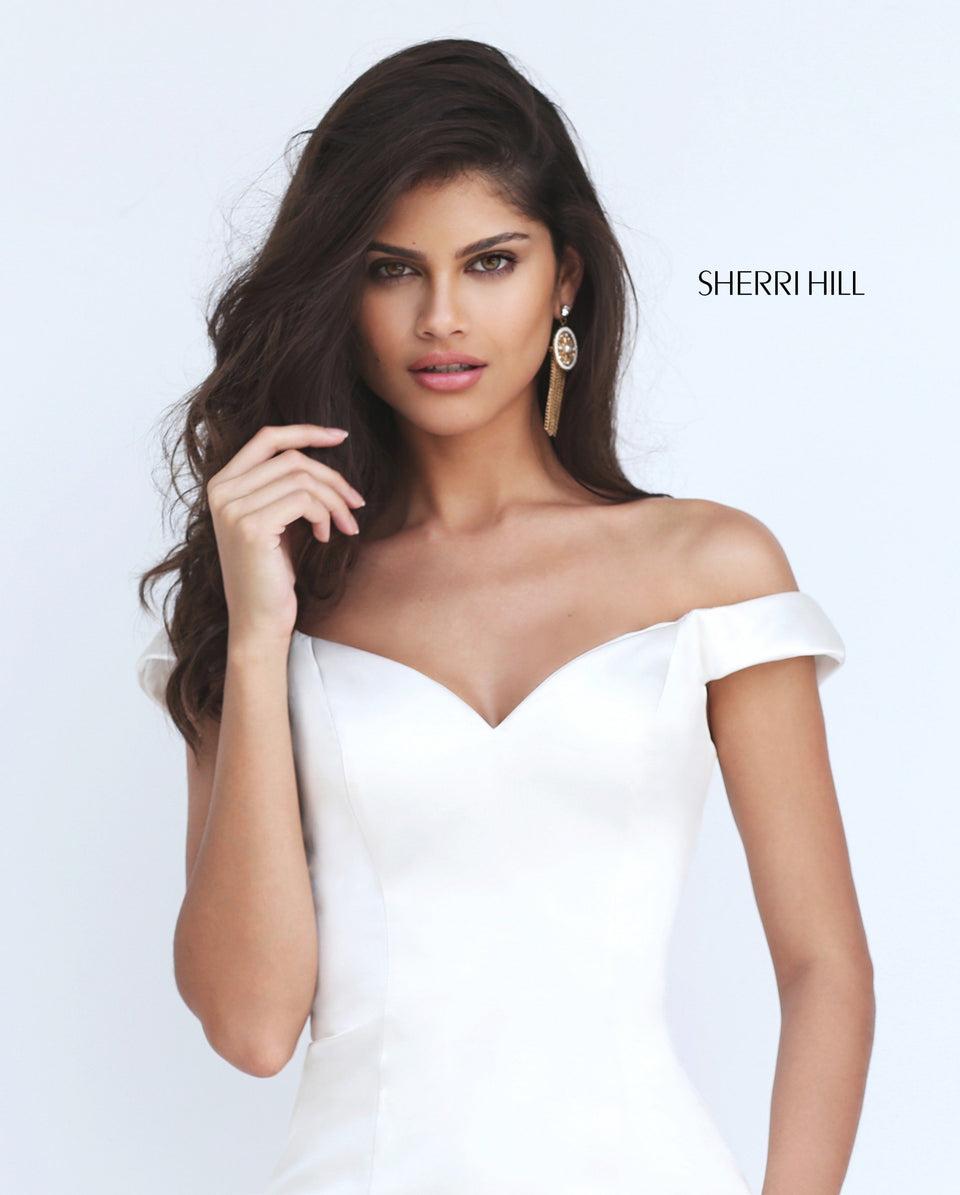Sherri Hill Satin Off-the-shoulder Mermaid Dress With Tulle Skirt