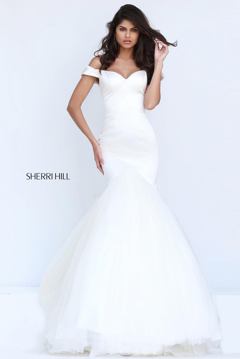 Sherri Hill Satin Off-the-shoulder Mermaid Dress With Tulle Skirt