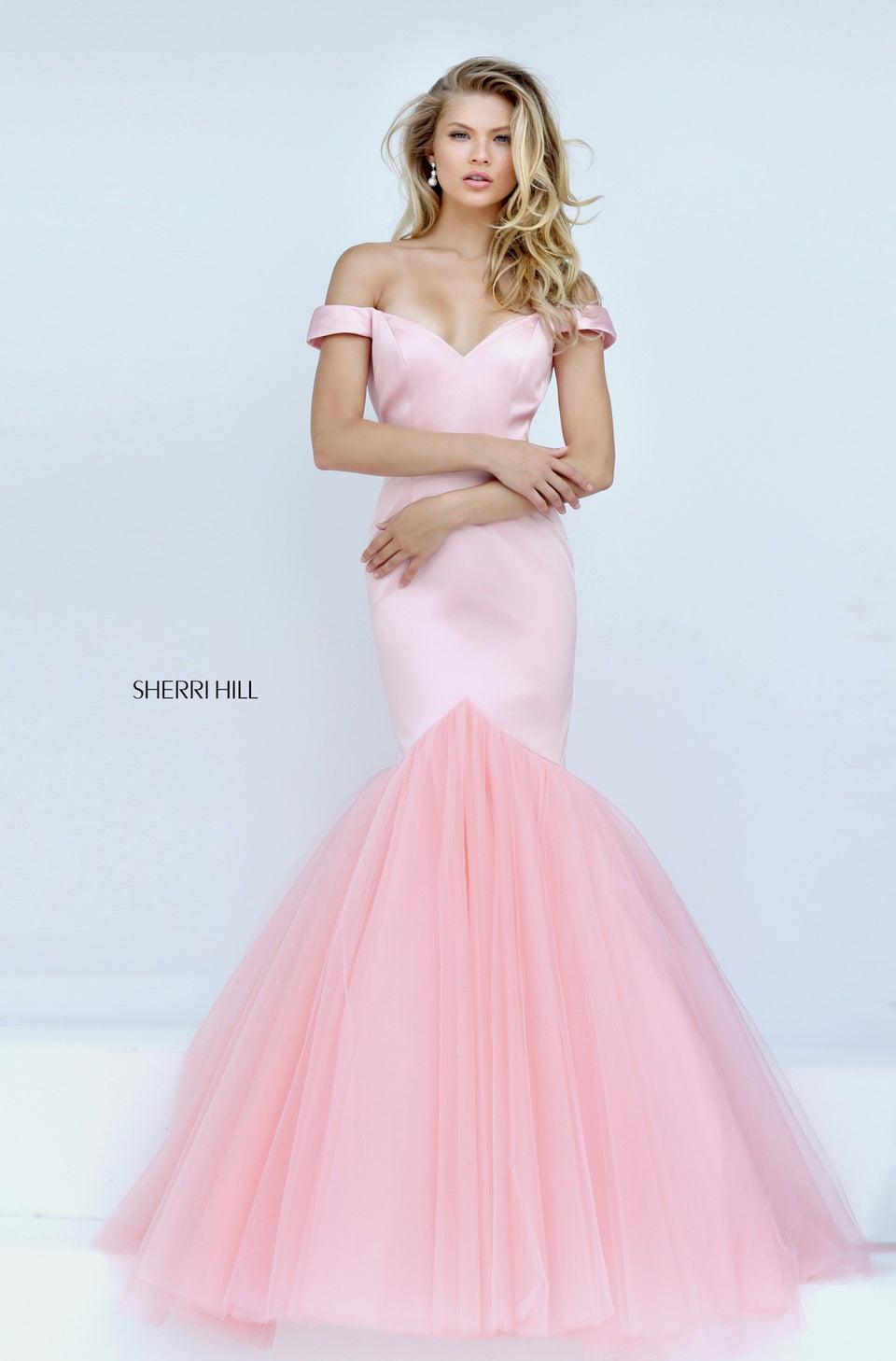 sherri hill Satin off-the-shoulder mermaid dress with tulle skirt