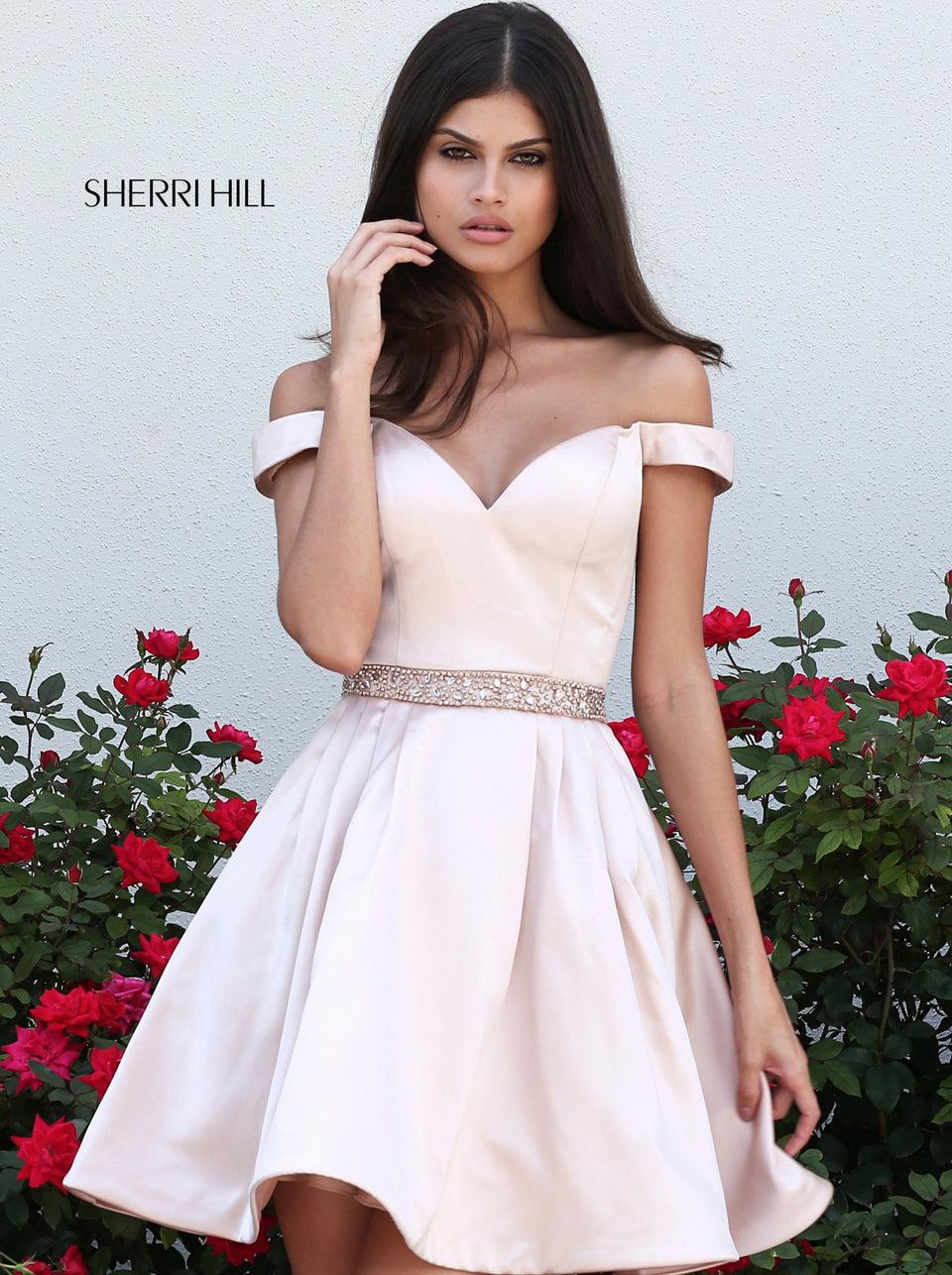Sherri Hill Satin Off-the-shoulder Sweetheart Cocktail A-line Dress With Beaded Waist Band