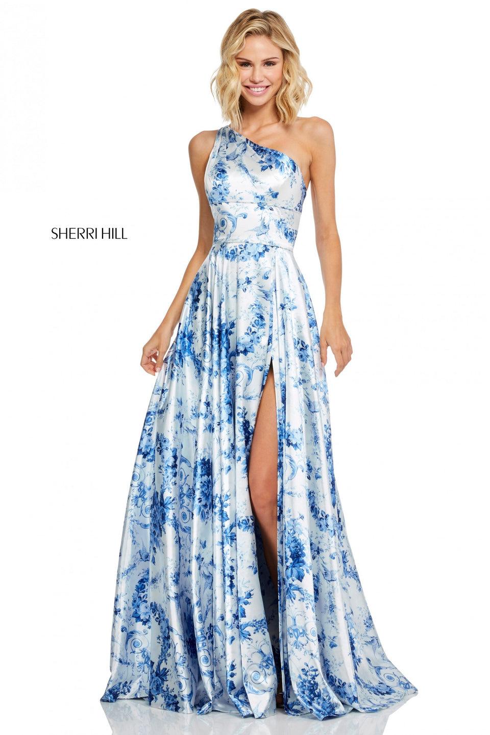 sherri hill Satin one-shoulder blue and ivory print A-line with skirt slit