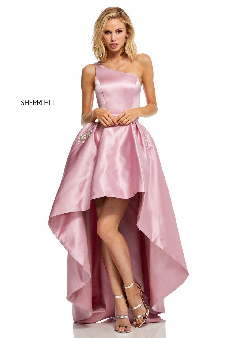 Sherri Hill Satin One-shoulder High-low With Jewel Encrusted Pockets