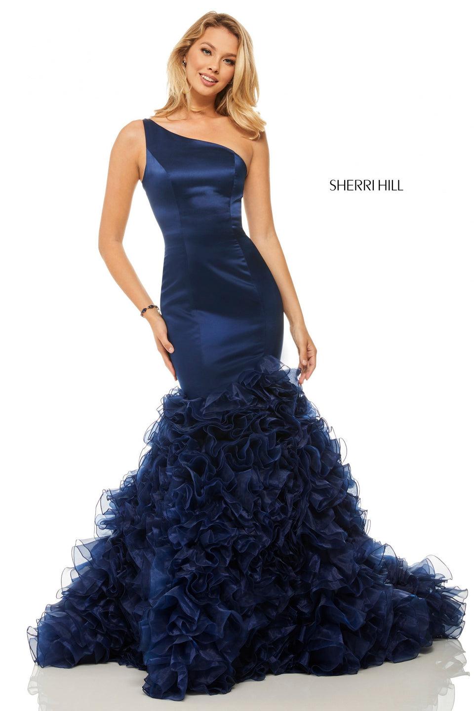 sherri hill Satin one-shoulder mermaid with ruffled organza skirt