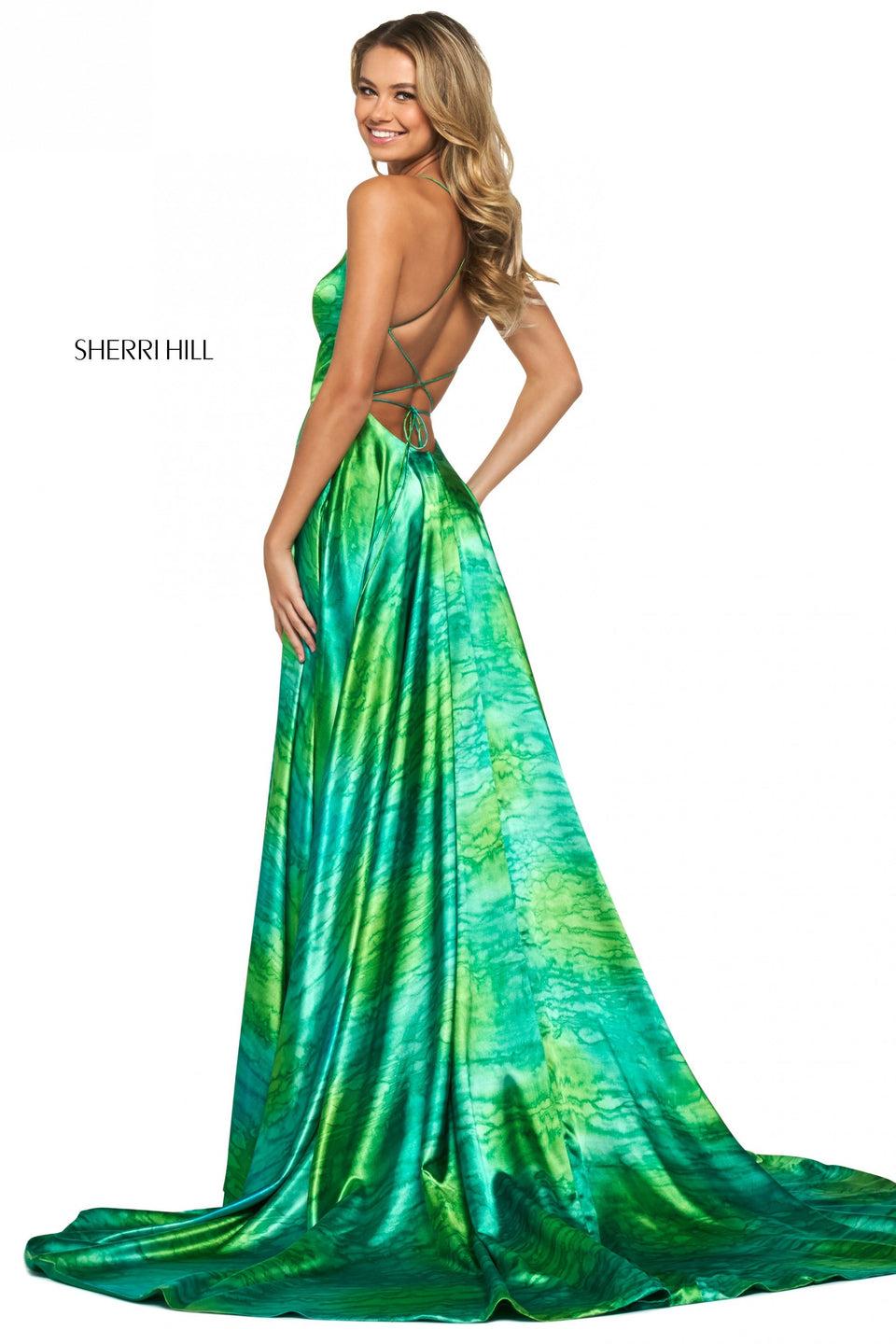 Sherri Hill Satin Print Gown With Skirt Slit And Lace Up Back