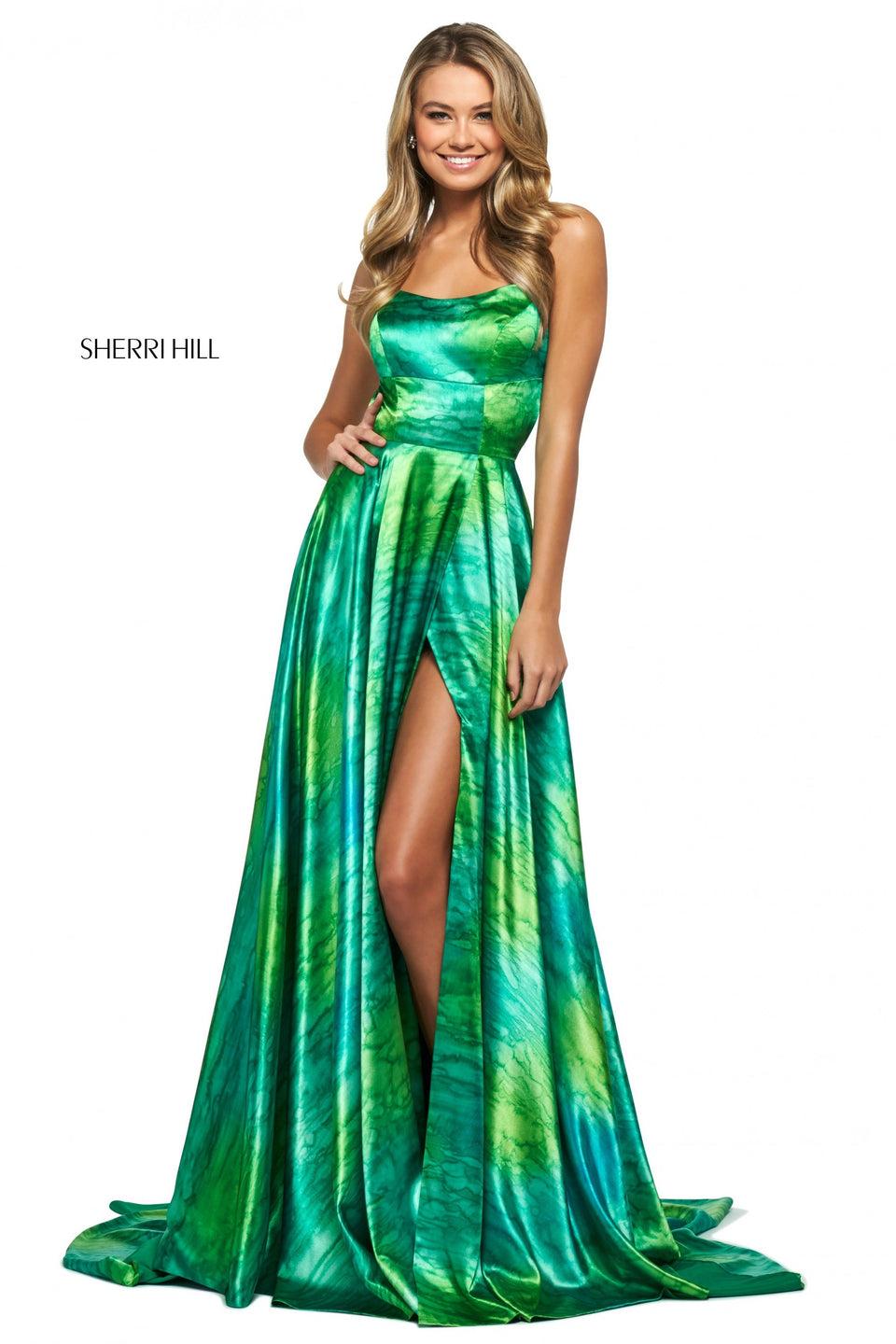 sherri hill Satin print gown with skirt slit and lace up back
