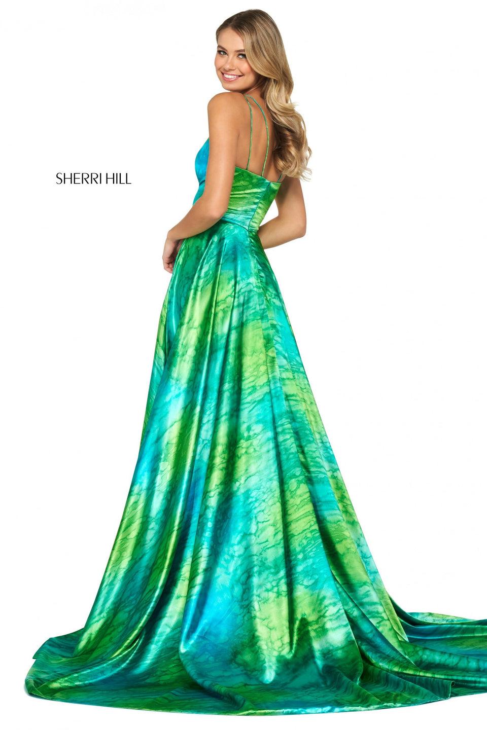 Sherri Hill Satin Print Gown With Skirt Slit And Sweetheart Neckline