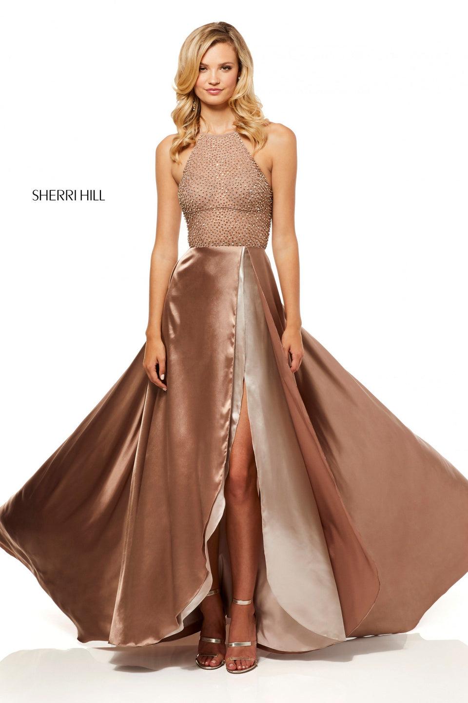 Sherri Hill Satin Slit Skirt With A Beaded Halter Neckline Bodice