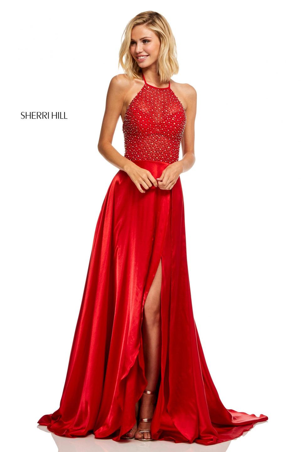 sherri hill Satin slit skirt with a beaded halter neckline bodice