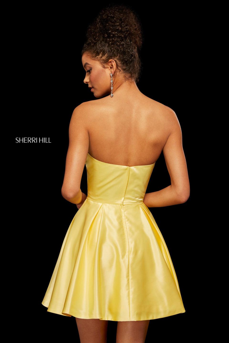 Sherri Hill Satin Strapless A-line Cocktail With Jeweled Neckline And Pockets