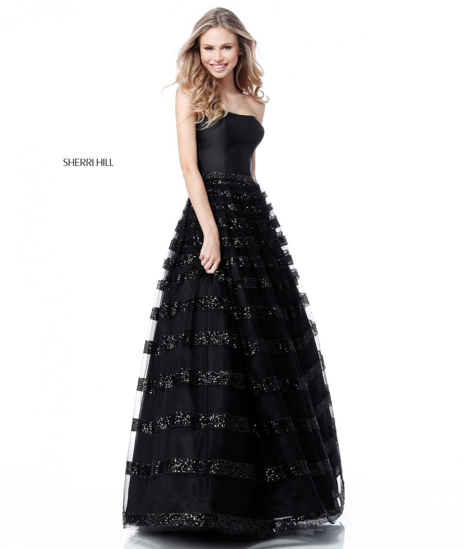 Sherri Hill Satin Strapless Bodice With Sequin Striped Tulle Ball Gown Skirt