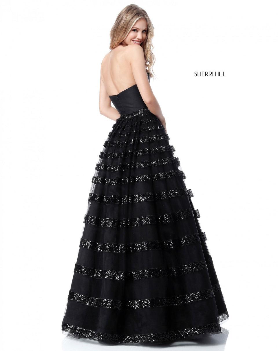 Sherri Hill Satin Strapless Bodice With Sequin Striped Tulle Ball Gown Skirt