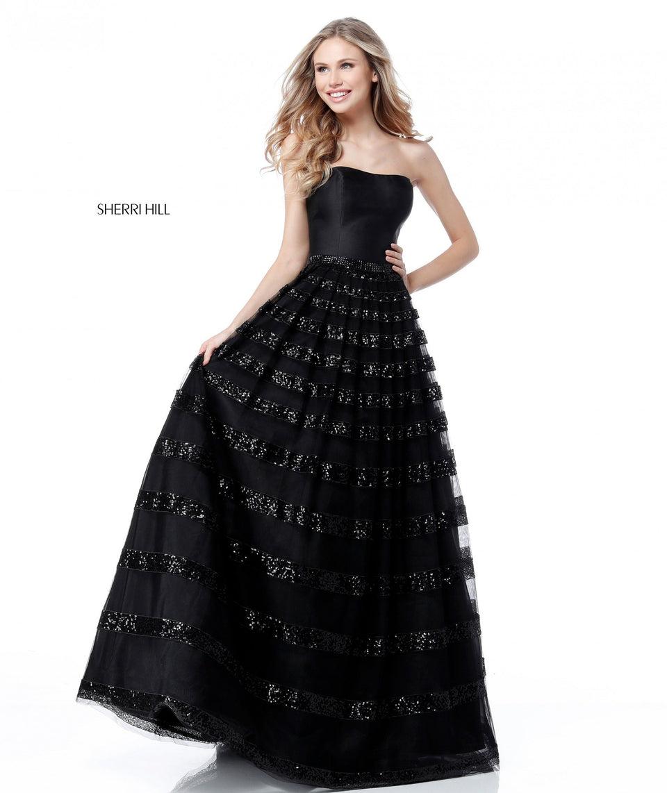Sherri Hill Satin Strapless Bodice With Sequin Striped Tulle Ball Gown Skirt