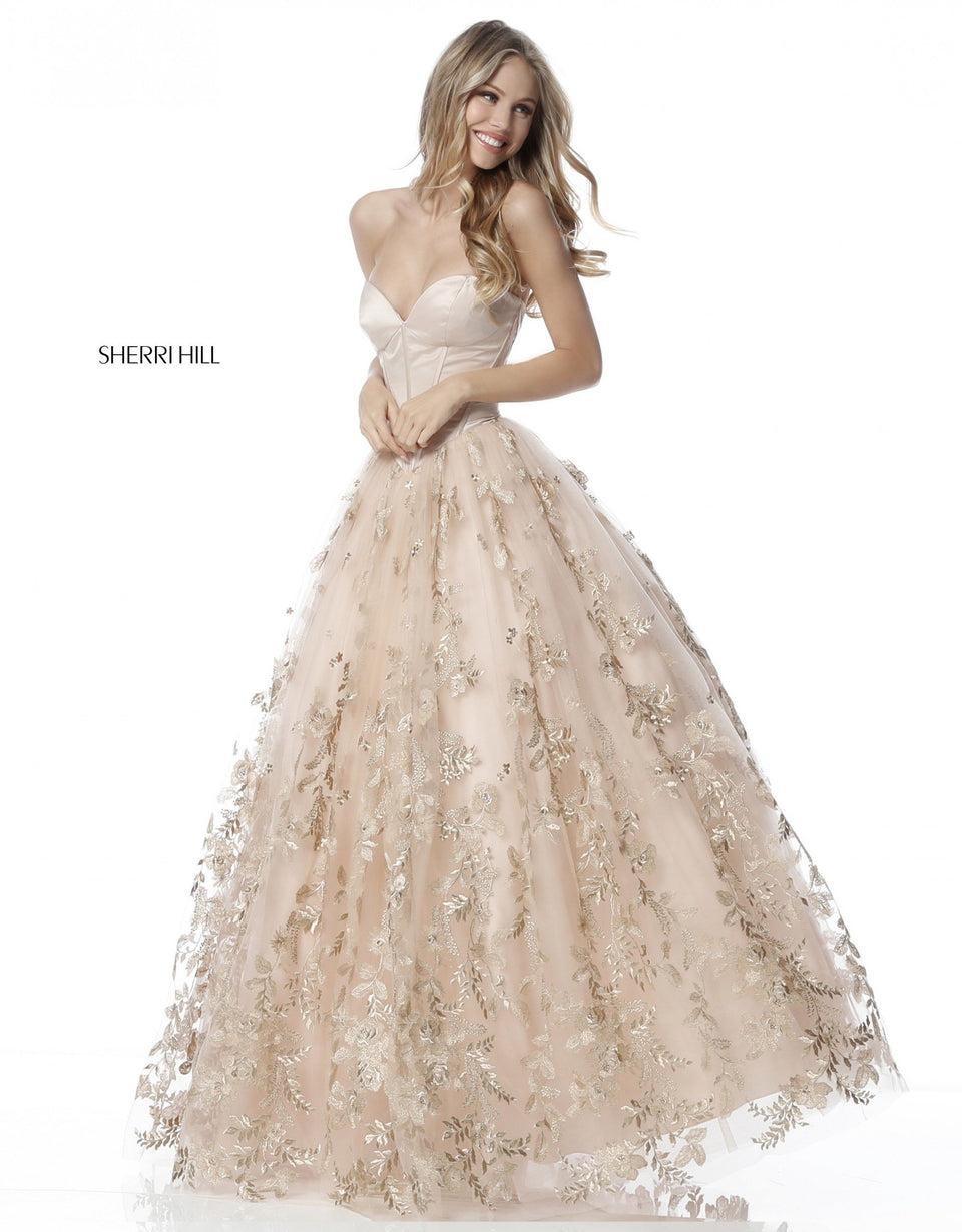sherri hill Satin sweeheart corset bodice with tulle ball gown skirt and floral appliques