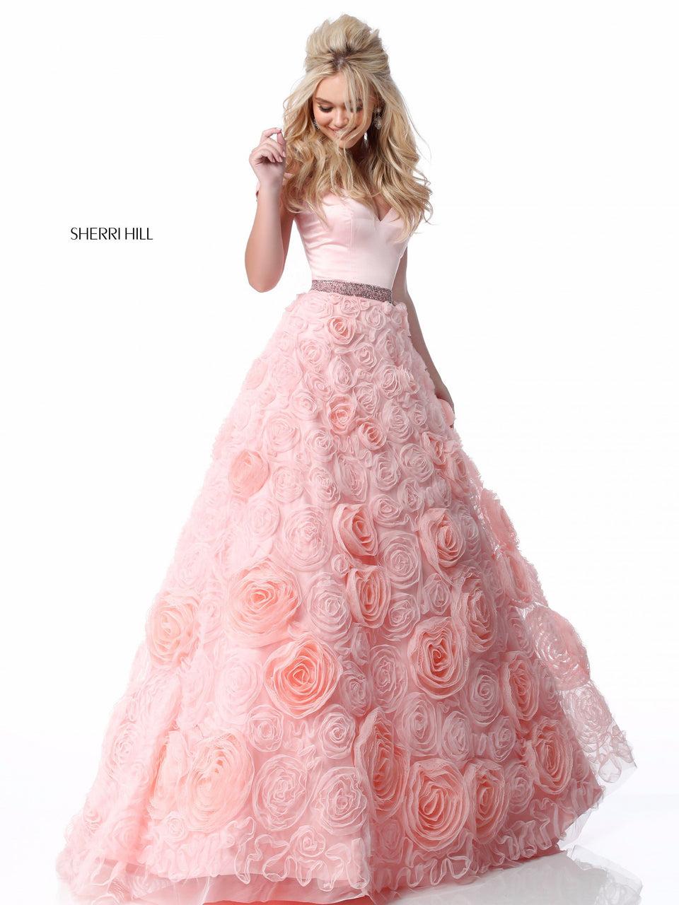 Sherri Hill Satin Sweetheart Bodice With Off-the-shoulder Straps And Rose Appliqued Ball Gown Skirt