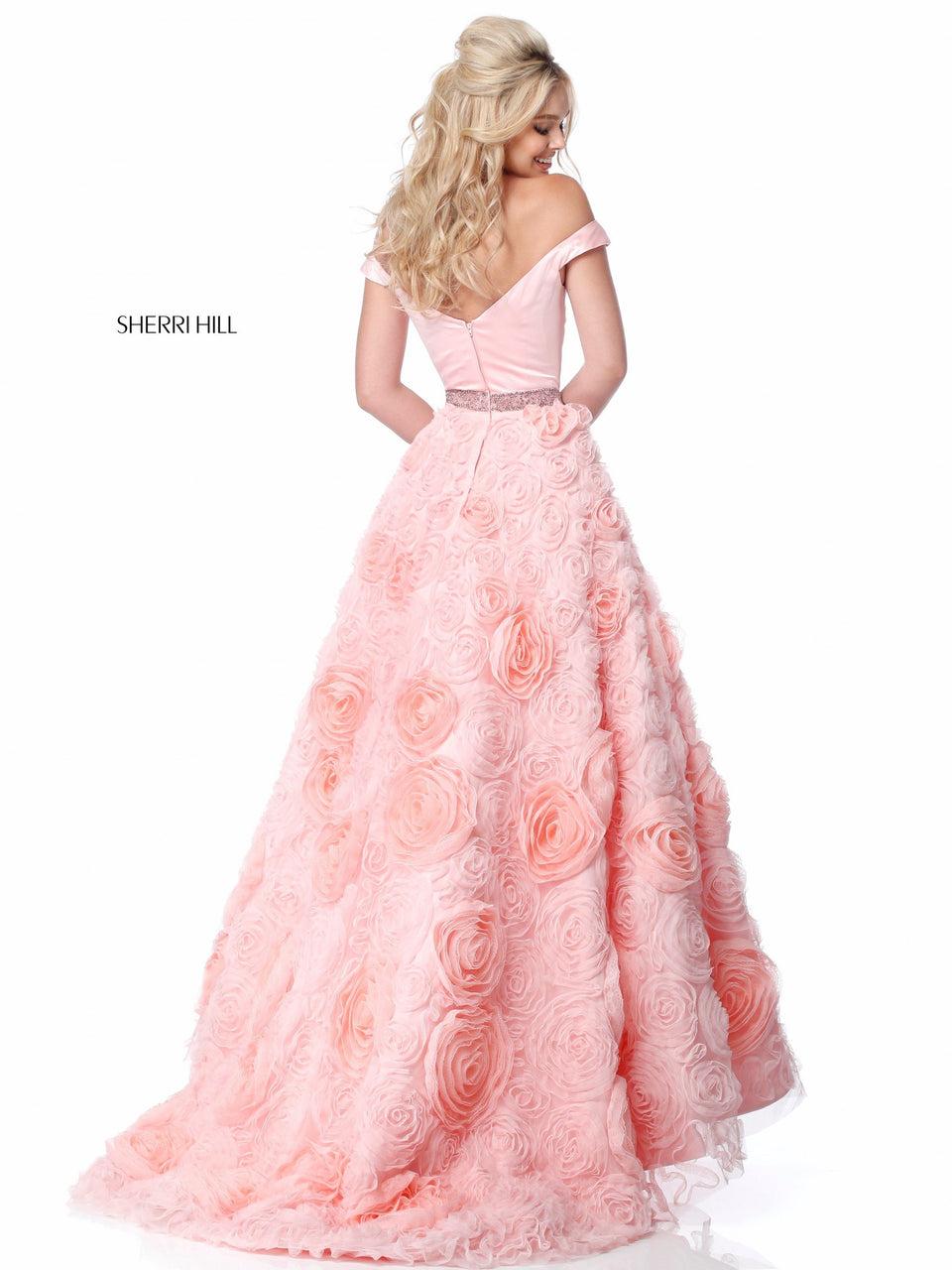 Sherri Hill Satin Sweetheart Bodice With Off-the-shoulder Straps And Rose Appliqued Ball Gown Skirt