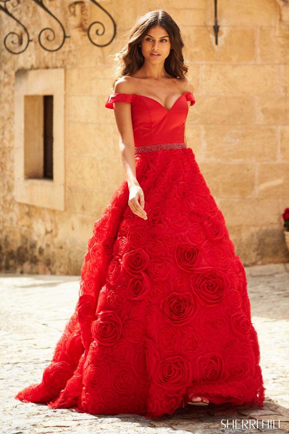 sherri hill Satin sweetheart bodice with off-the-shoulder straps and rose appliqued ball gown skirt